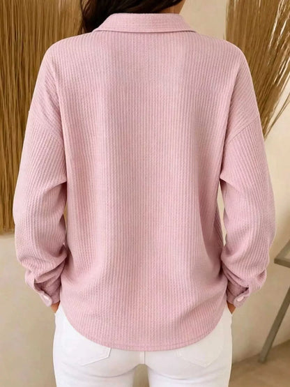 Waffle Knit Snap Down Blouse - Pink - View 2