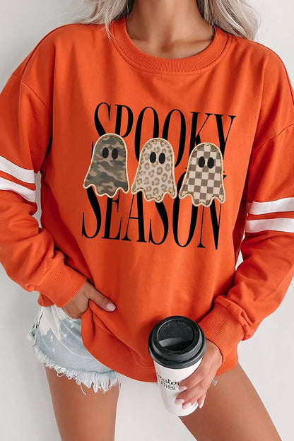 Spooky Season Ghost Graphic Varsity Striped Sleeve Halloween Pullover Sweatshirt - Orange - View 3