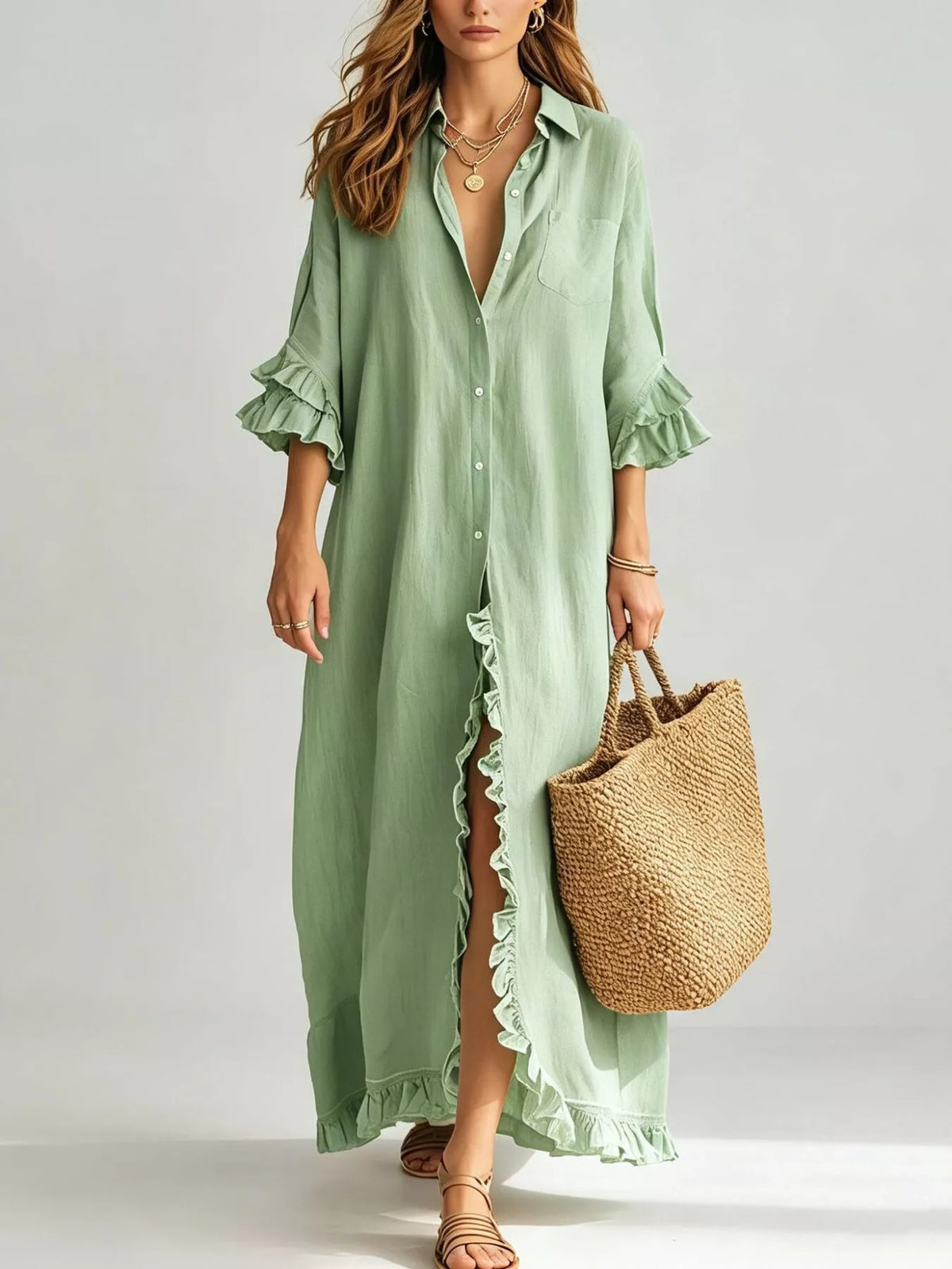 Full Size Ruffled Trim Button-Down Maxi Shirt Dress Plus Size - Light Green - View 1