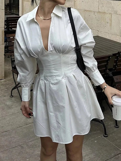 Collared Neck Lantern Sleeve Mini Dress - White - View 3