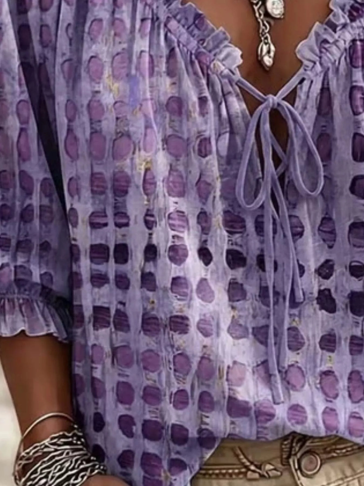 Full Size Tie Neck 3/4 Sleeve Blouse Plus Size - Purple - View 10
