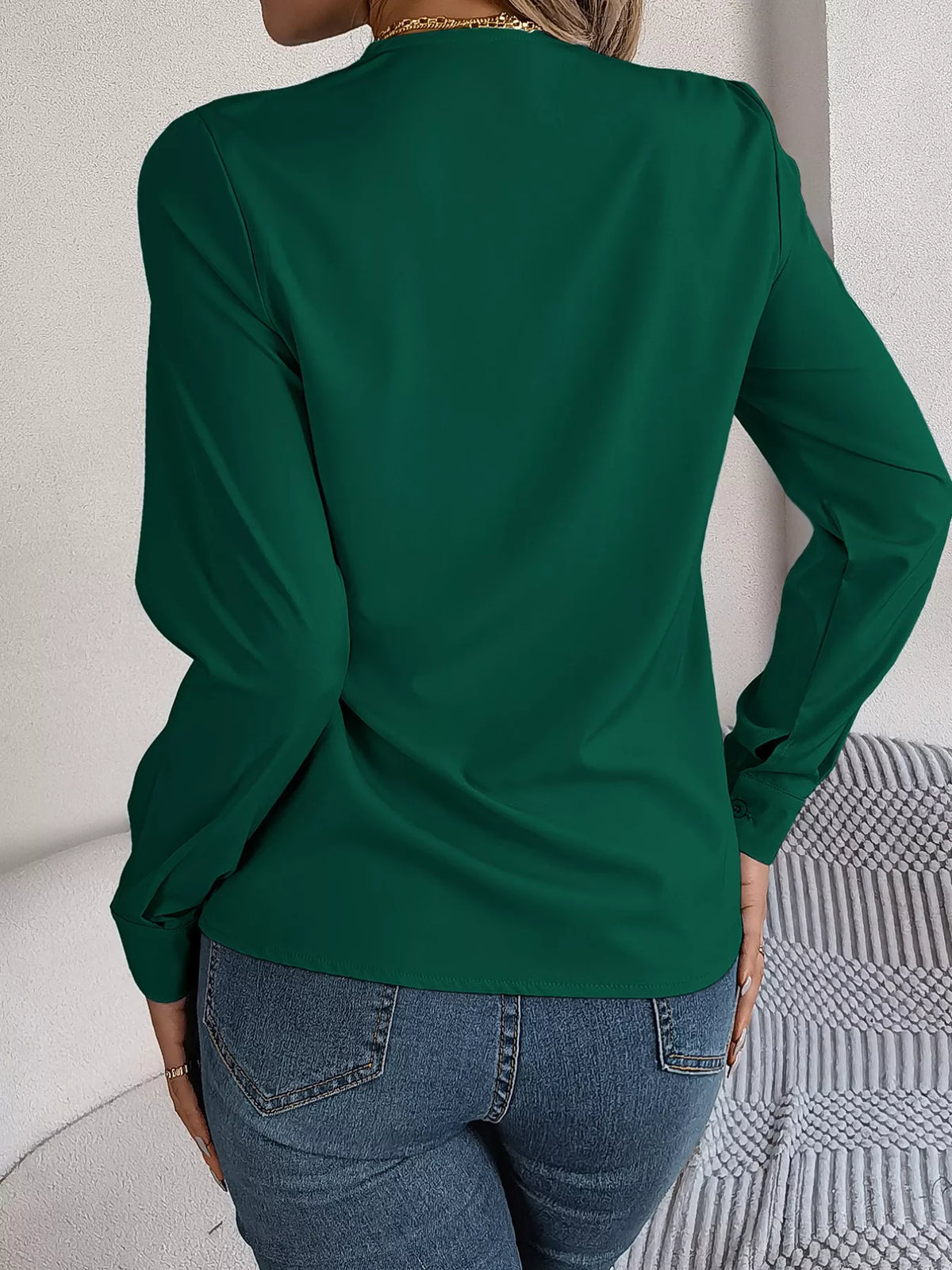 Layered V-Neck Long Sleeve Blouse - Dark Green - View 19