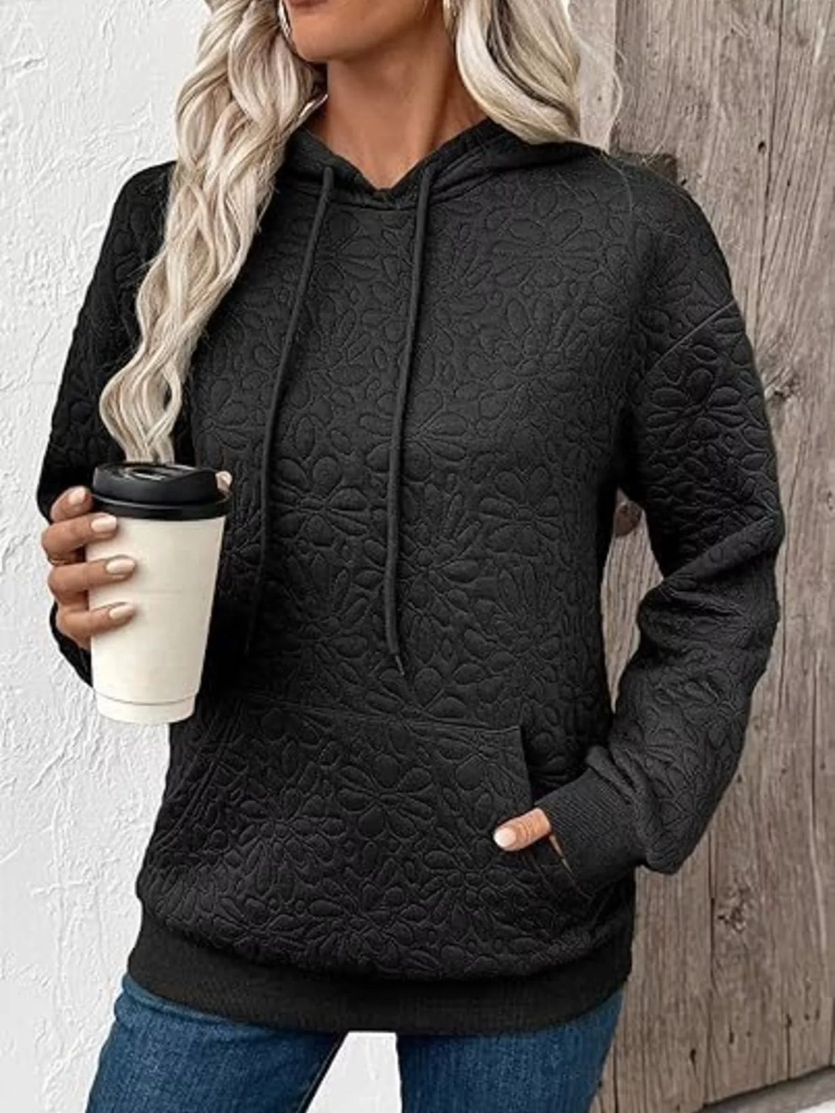 Textured Floral Embossed Drawstring Hoodie - Black - View 1