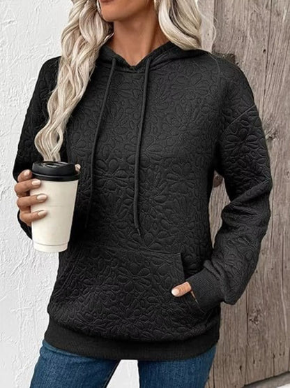 Textured Floral Embossed Drawstring Hoodie - Black - View 1