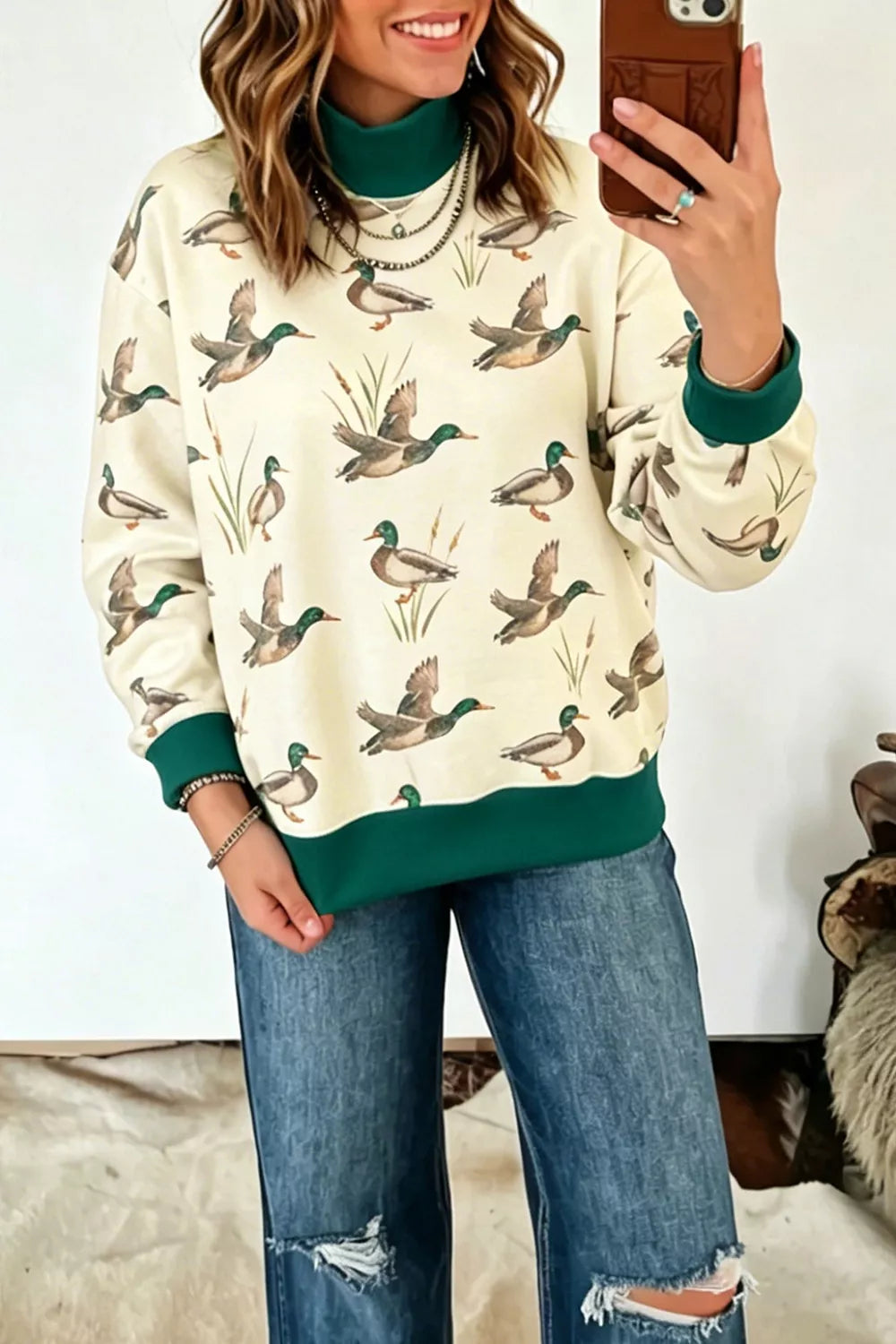 Duck Print Mock Neck Sweatshirt - Beige - View 1