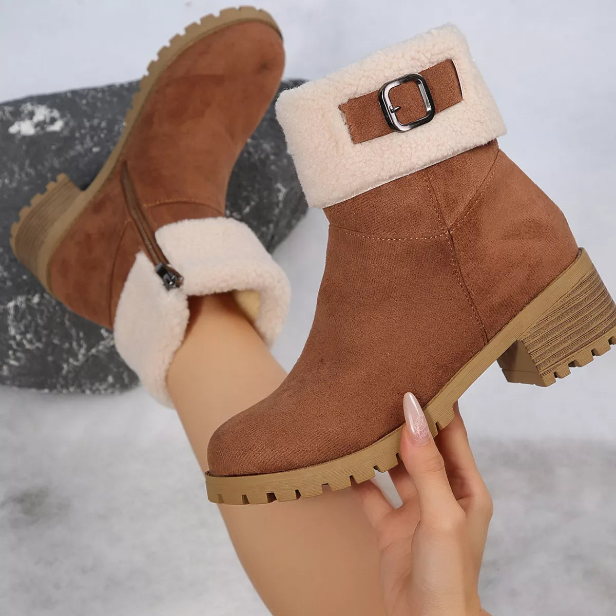 Round Toe Block Heels Boots - Brown - View 3
