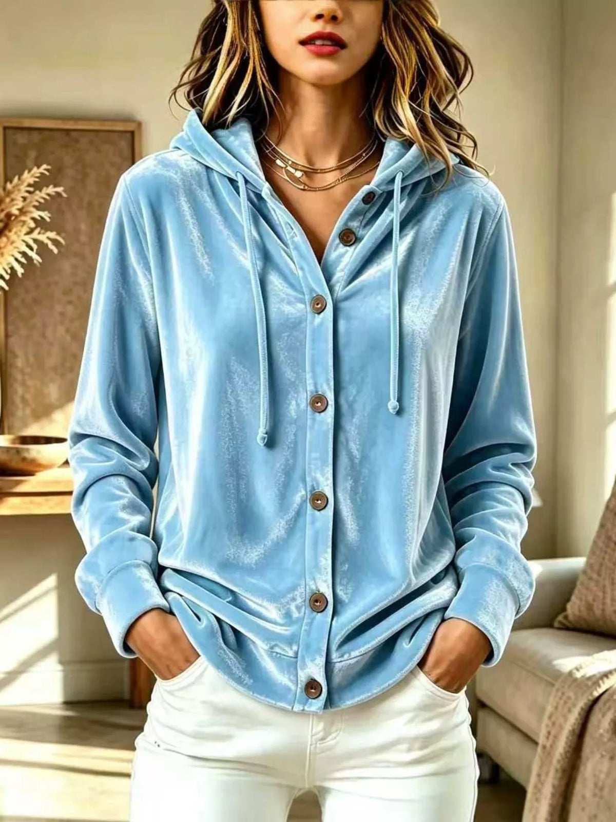 Full Size Velvet Button-Down Hooded Top Plus Size - Cerulean - View 1