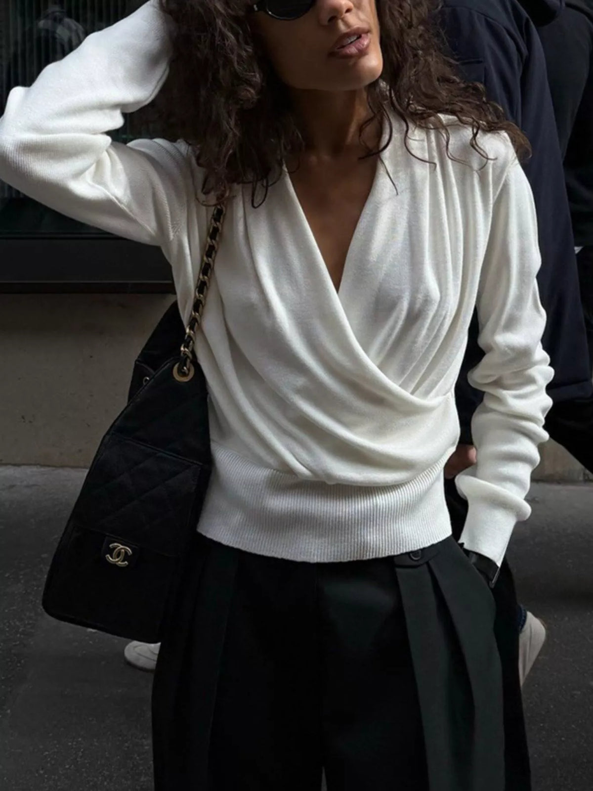 Wrap Front Long Sleeve Sweater - White - View 3