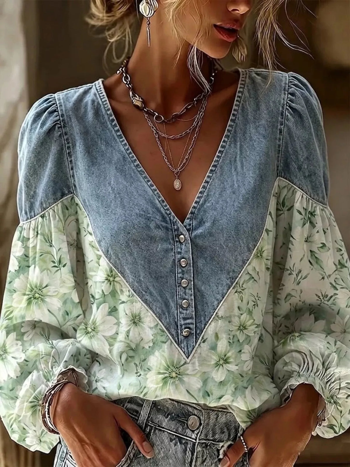 Full Size Denim Patchwork Floral Denim Top Plus Size - Green - View 1