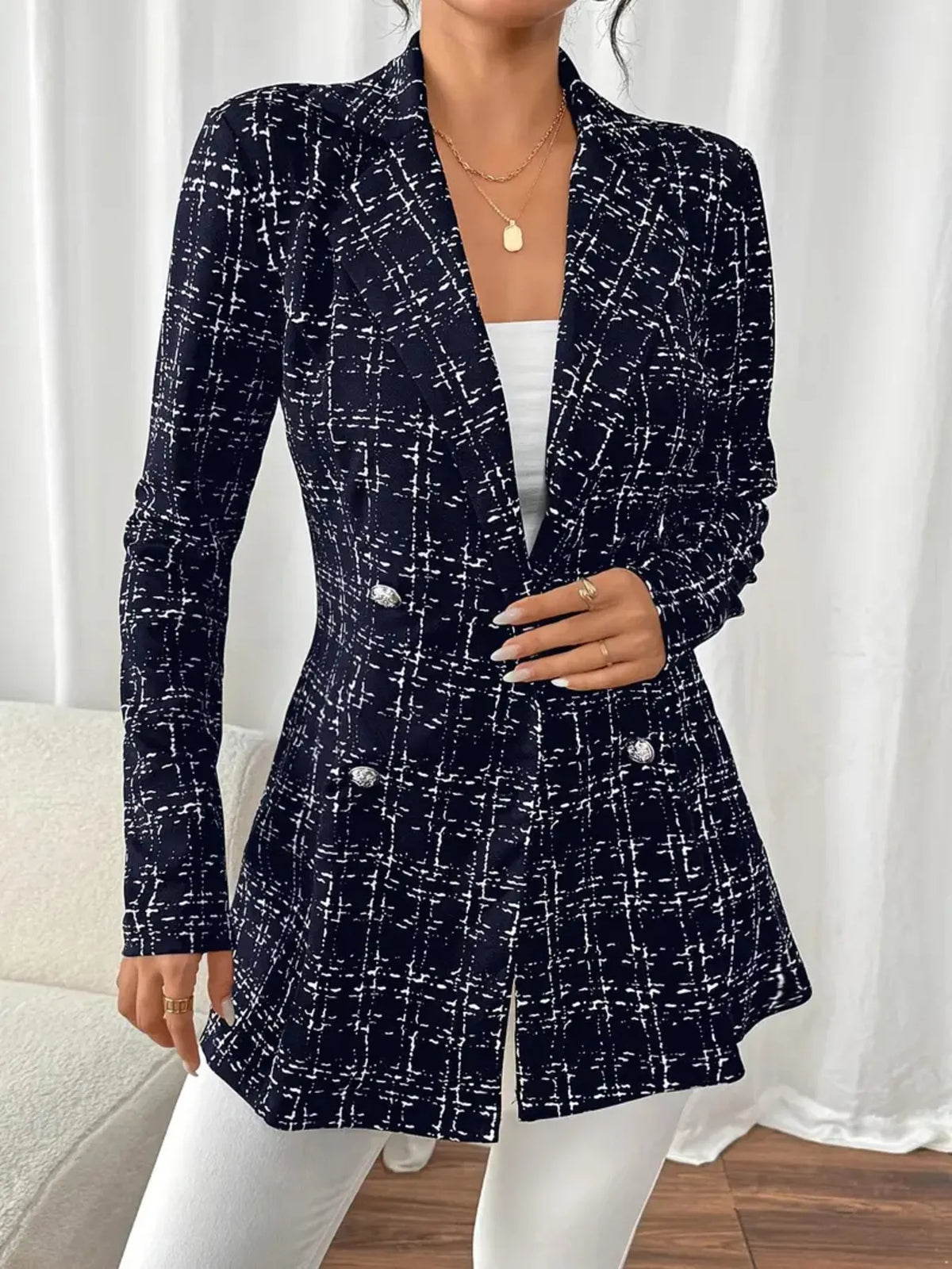 Tweed Double-Breasted Blazer - Navy Blue - View 15