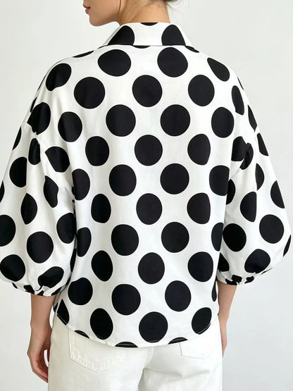 Polka Dot Puff Sleeve Shirt - White - View 5