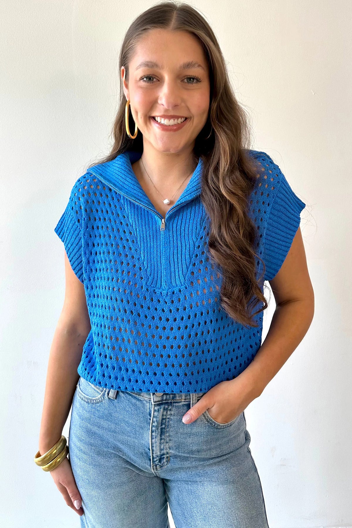 Sky Blue Cutout Knit Zip-Collar Top - Sky Blue - View 6