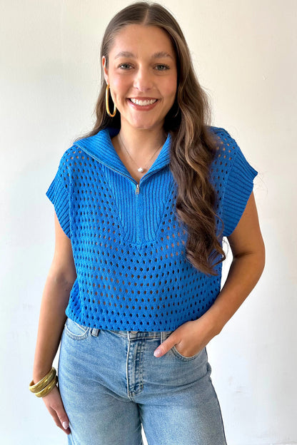 Sky Blue Cutout Knit Zip-Collar Top - Sky Blue - View 6
