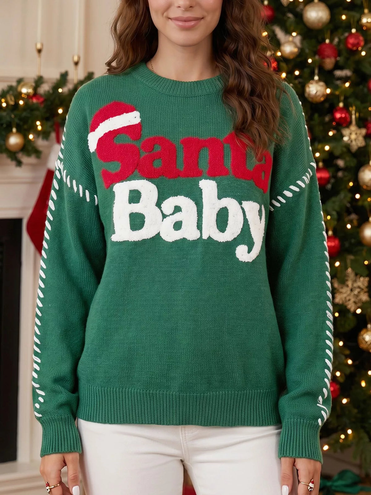 Santa Baby Towel Embroidery Christmas Slogan Pullover Sweater - Dark Green - View 1