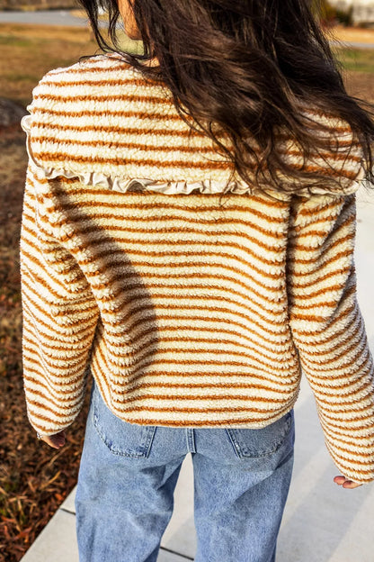 Striped Fleece Button Front Long Sleeve Regular Fit Jacket - Tan - View 3