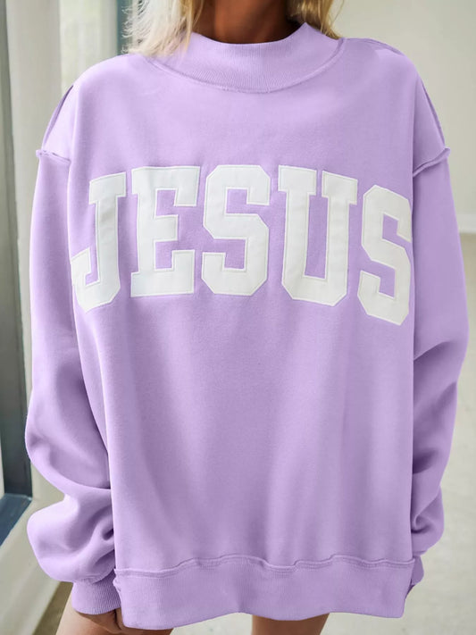 JESUS Letter Patch Graphic Exposed Seam Mock Neck Baggy Sweatshirt - Pink Purple - View 1