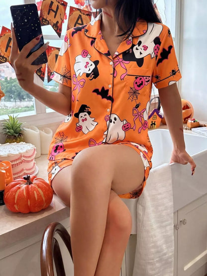 Halloween Ghost Print Button-Down Top and Shorts Lounge Set - Orange - View 3