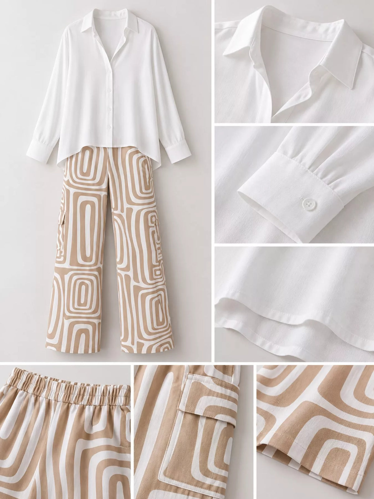 Full Size Chic Button-Down Shirt and Geometric Wide-Leg Pants Set Plus Size - Khaki - Set - View 7