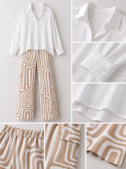 Full Size Chic Button-Down Shirt and Geometric Wide-Leg Pants Set Plus Size - Khaki - Set - View 7