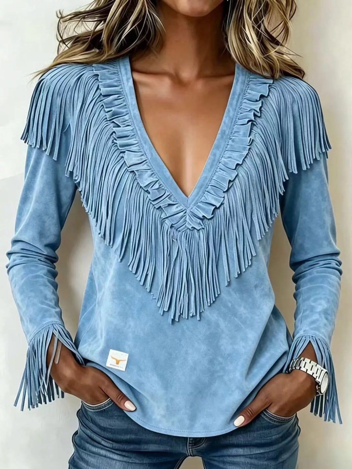 Fringed V-Neck Blouse - Light Blue - View 1