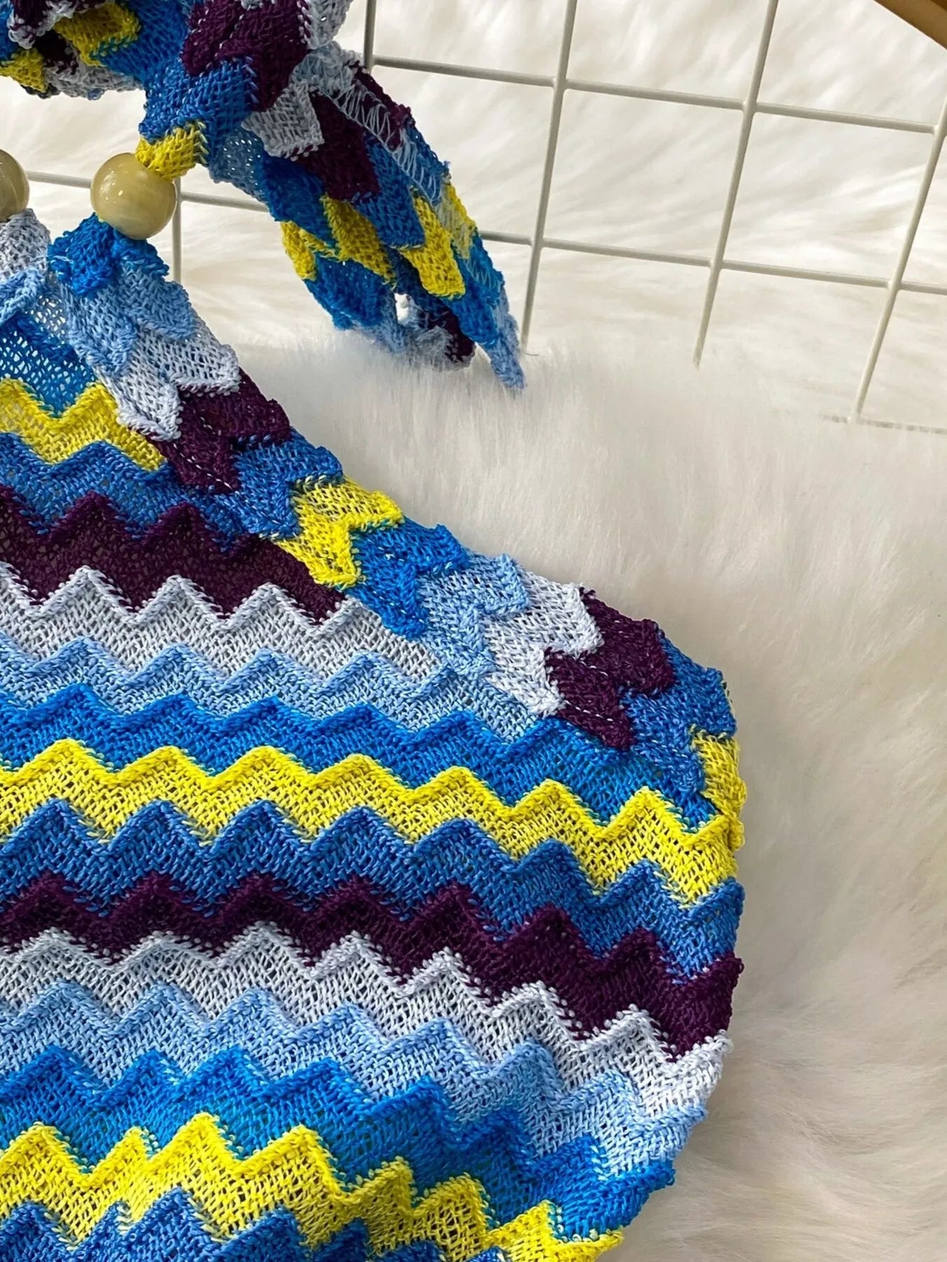 Striped Knitted Halter Top and Maxi Skirt Set - Cerulean - Halter Top Knit Detail View