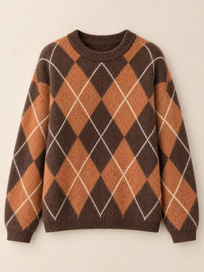 Argyle Pattern Fuzzy Knit Sweater - Orange - View 5