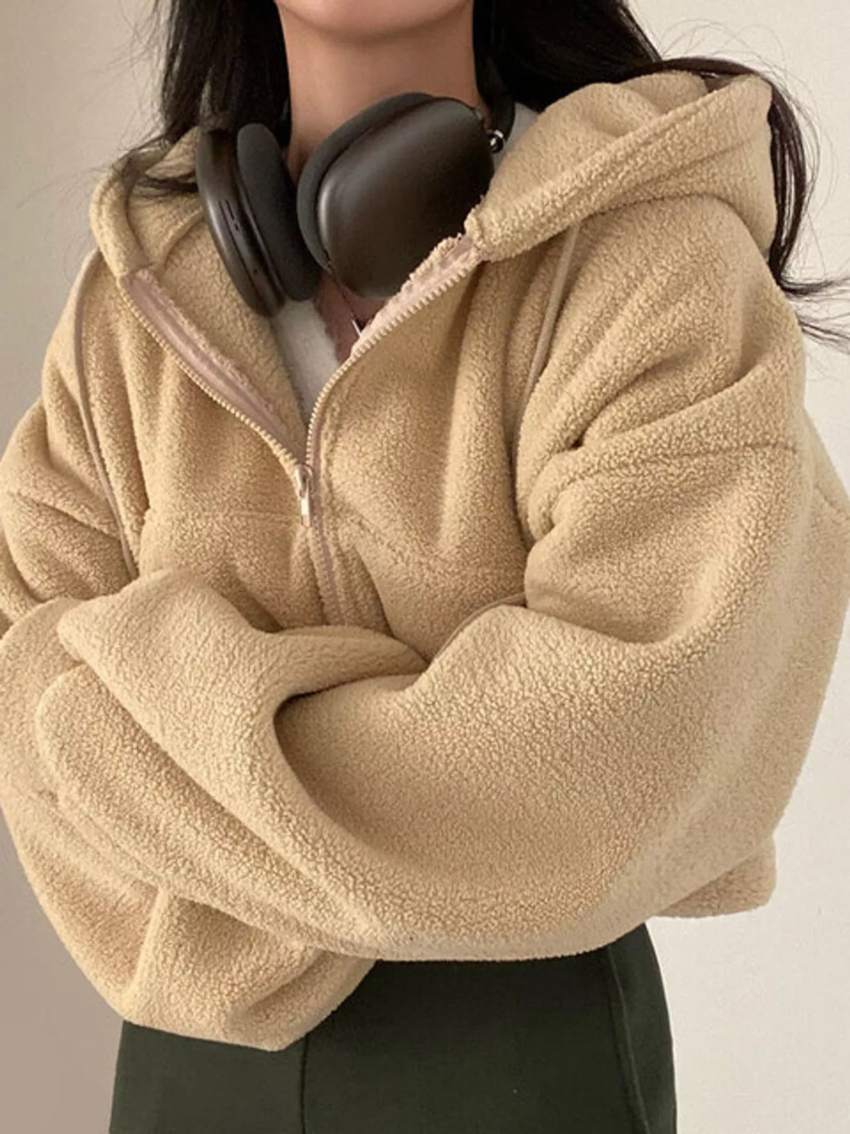 Oversized Sherpa Zip-Up Hoodie - Khaki - View 18