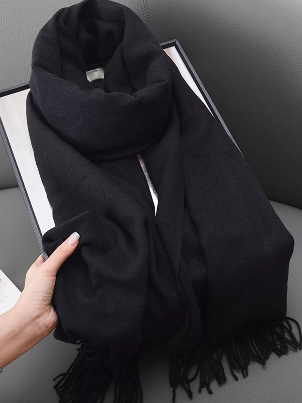 Solid Color Fringe Scarf - Black - View 19