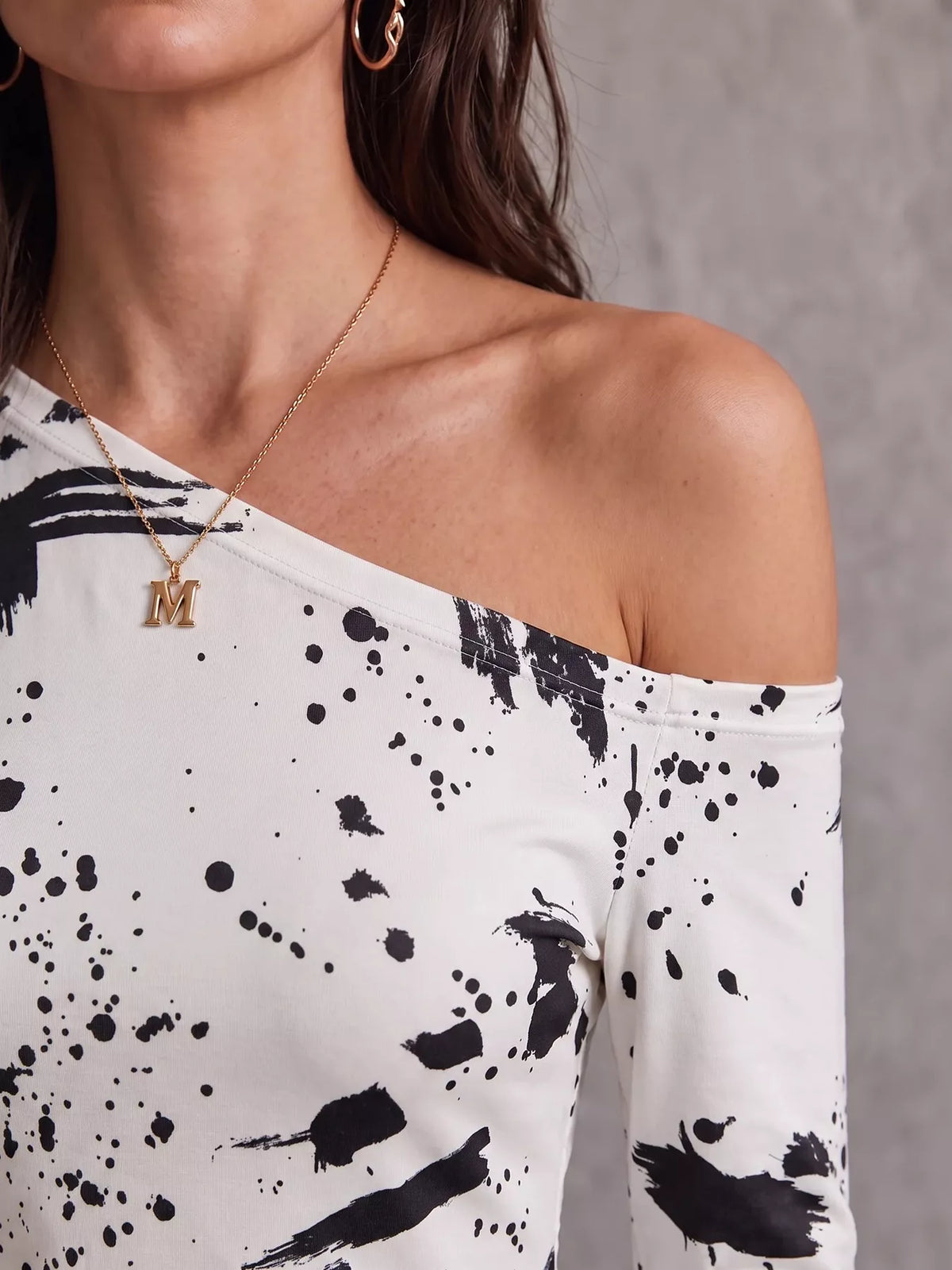 One-Shoulder Long Sleeve Paint Splatter Bodycon Mini Dress - White - View 11