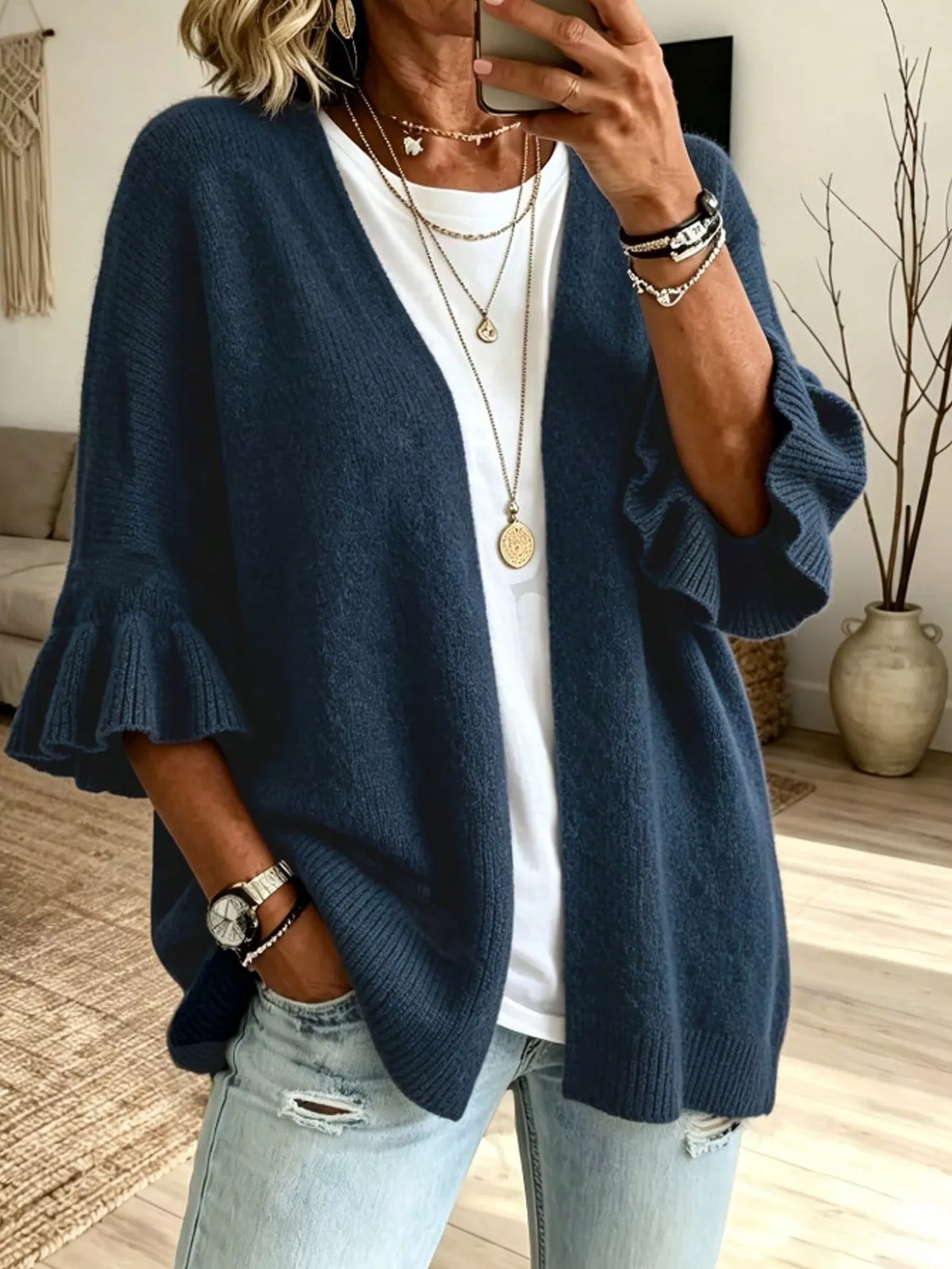 Full Size Ruffle Sleeve Open-Front Cardigan Plus Size - Dark Navy - View 10
