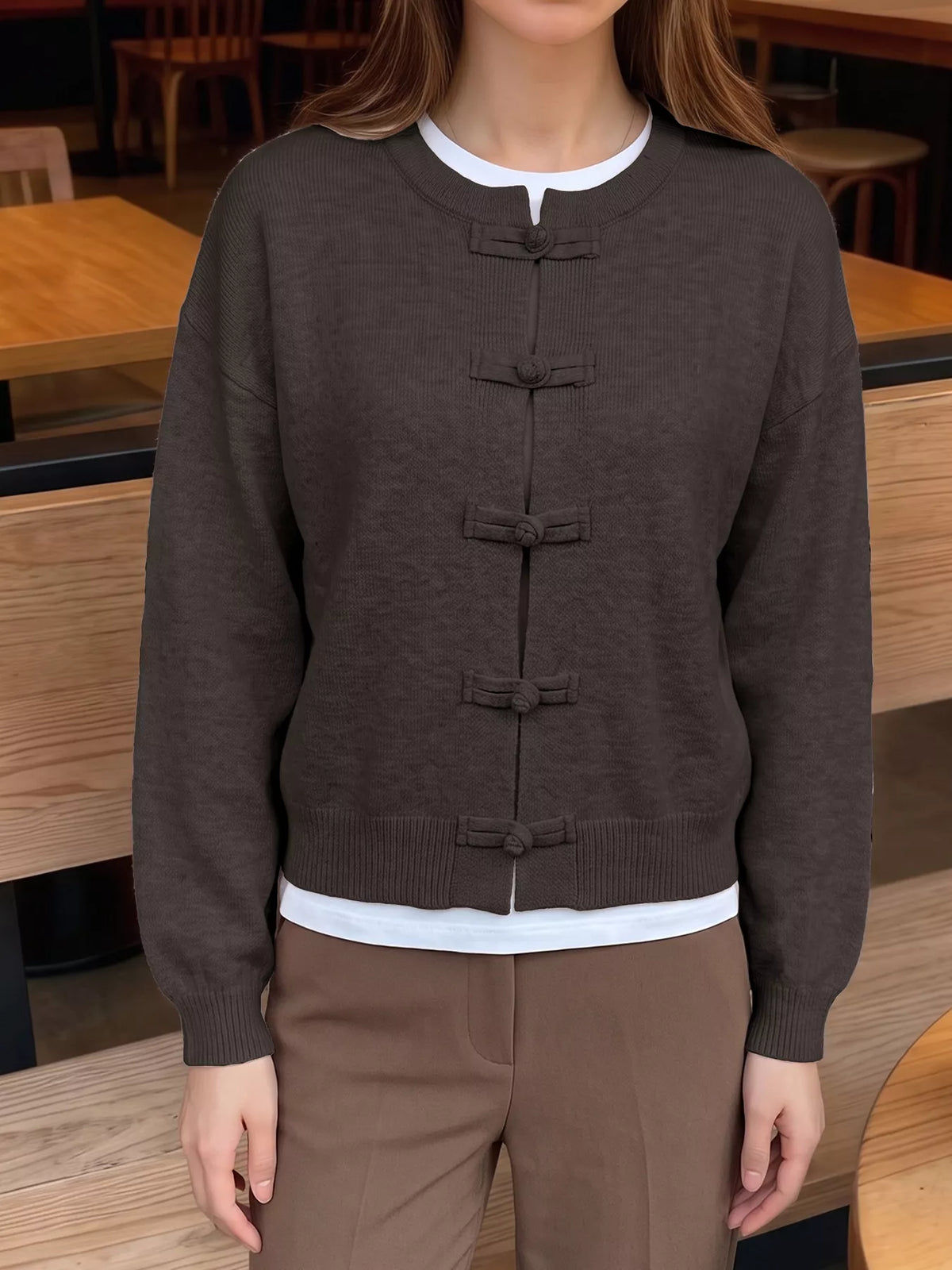 Chinese-Style Button Knit Cardigan - Coffee Brown - View 1