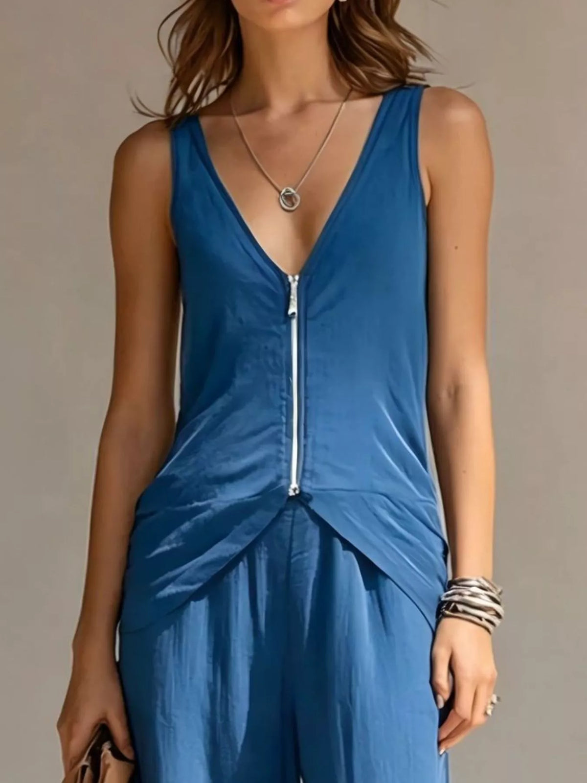 Full Size Zipper Front Tank and Wide-Leg Pants Set Plus Size - Royal Blue - View 2