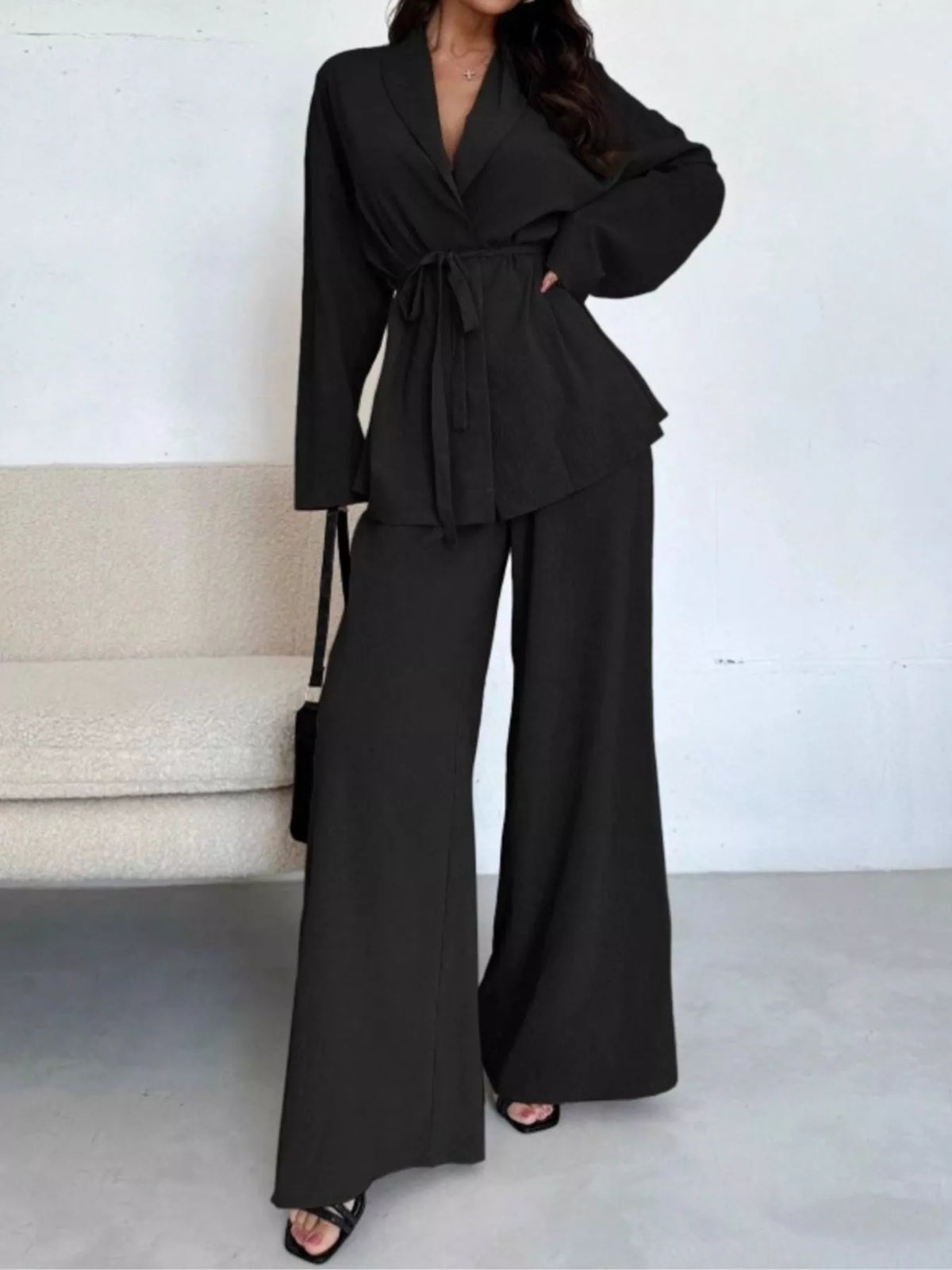 Front Tied Shirt and Wide-Leg Pants Set - Black - View 11