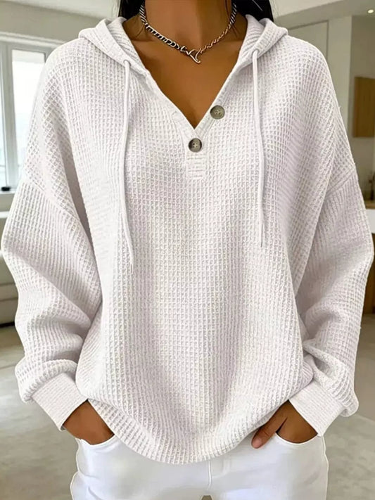 Full Size Waffle Knit Button Detail Hoodie Plus Size - White - View 1