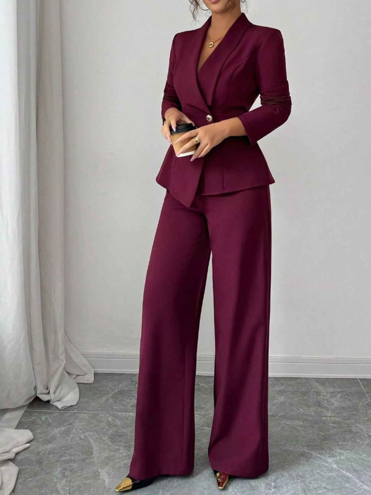 One Button Blazer and Pants Set - Burgundy - View 30