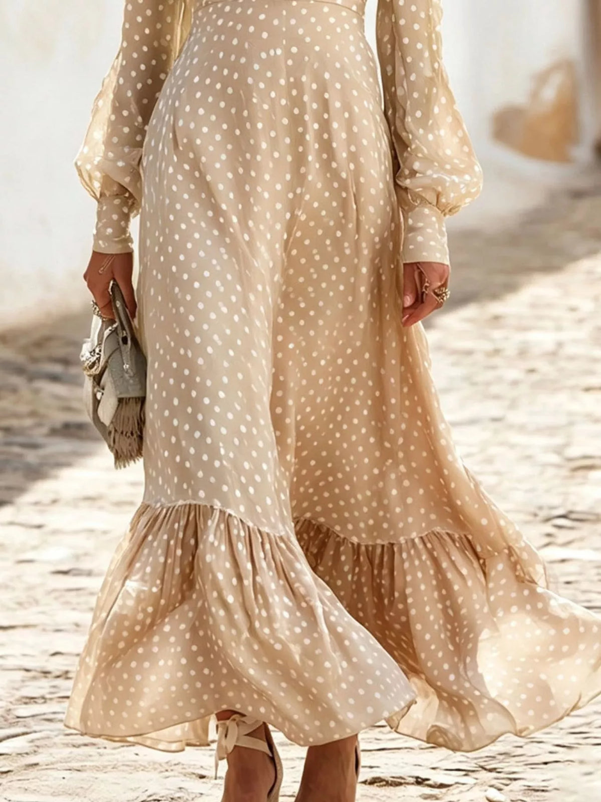 Full Size Polka Dot Ruffle V-Neck Maxi Dress Plus Size - Tan - View 2