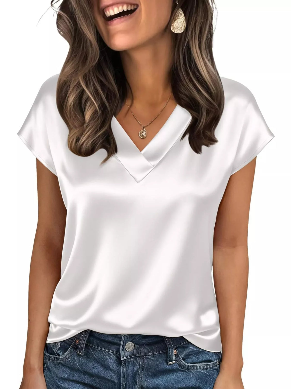 Satin V-Neck Cap Sleeve Blouse - White - View 21