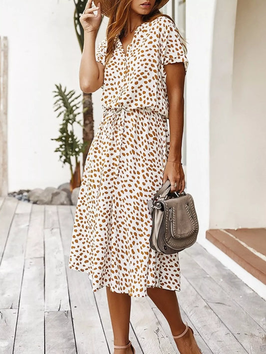 Animal Print Drawstring Waist Midi Dress - Beige - View 1