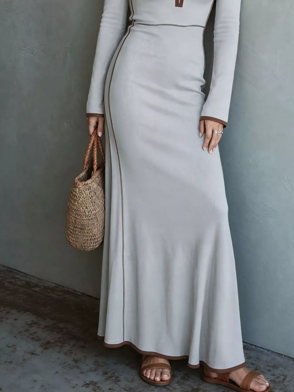Full Size Contrast Trim Zip-Up Long Sleeve Knit Maxi Dress Plus Size - Light Gray - View 3