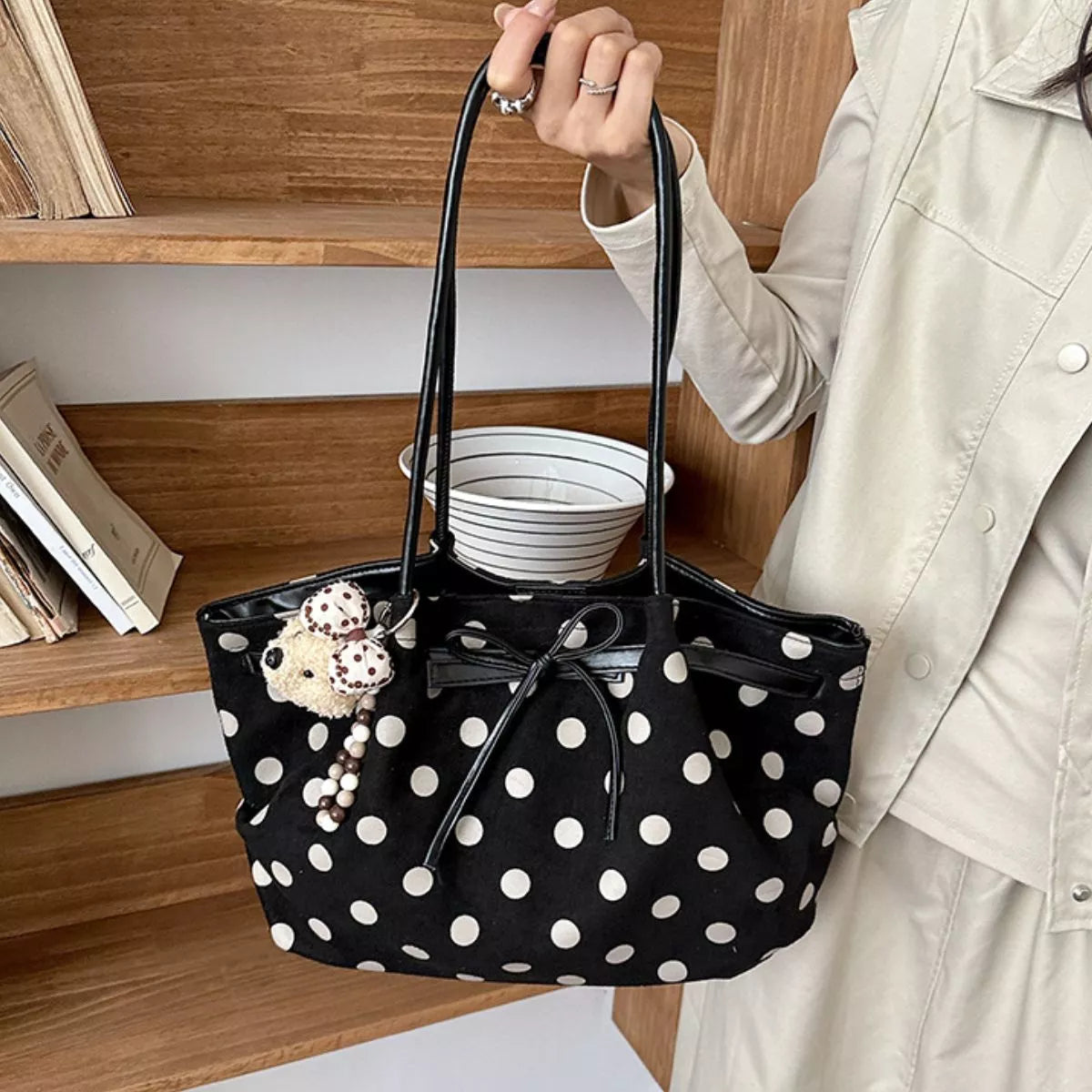 Polka Dot Shoulder Bag - Black - View 2