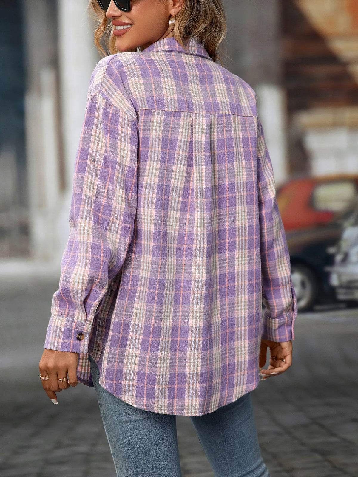Plaid Button-Down Oversized Shirt - Purple - View 35