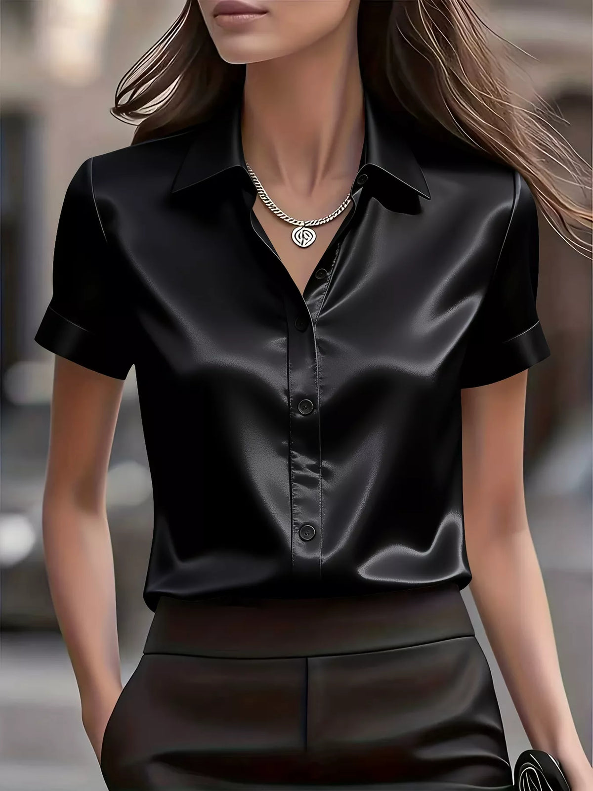 Satin Short-Sleeve Shirt - Black - View 4