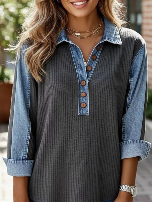 Denim Trim Button Detail Sweatshirt - Gray - View 2