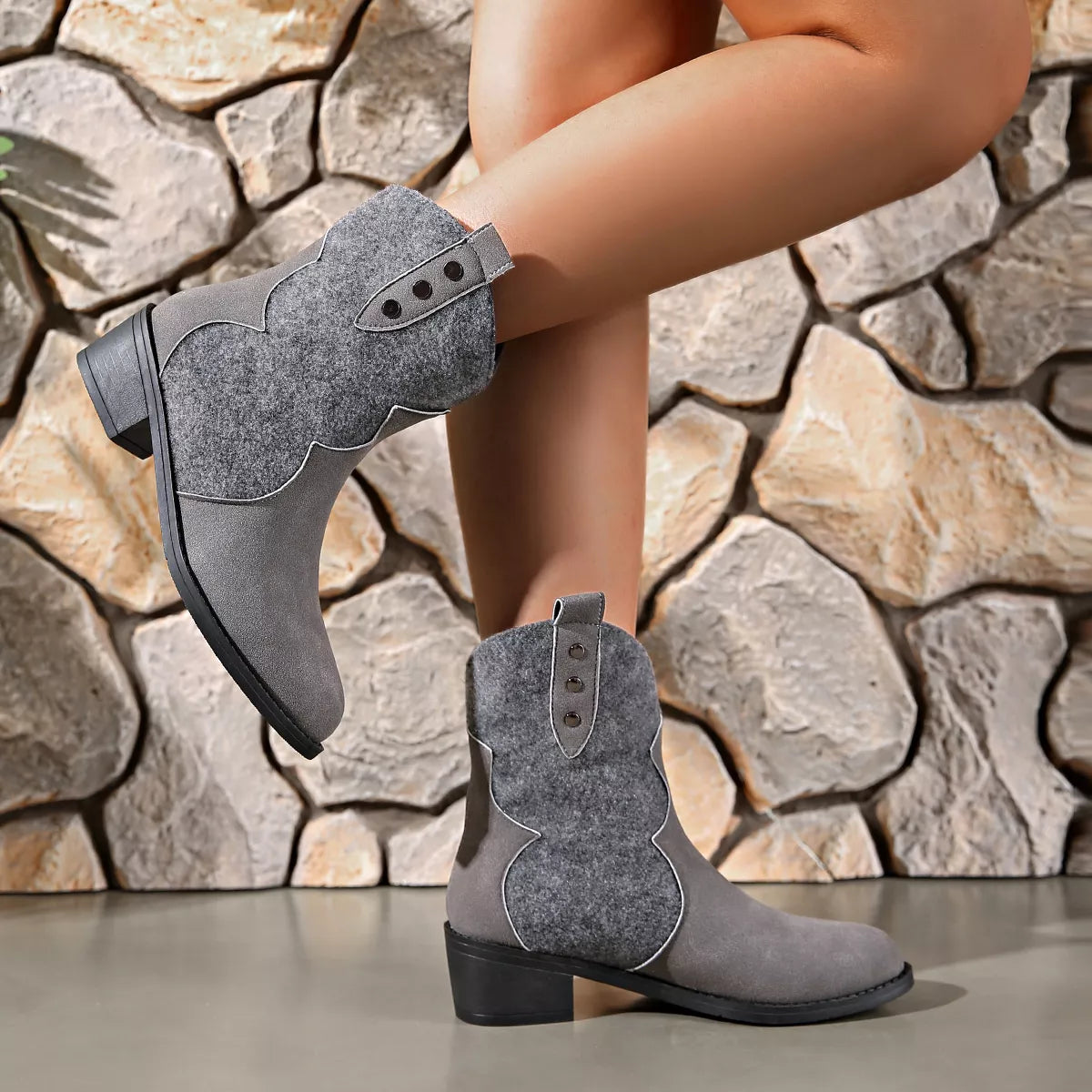Point Toe Block Heels Boots - Dark Gray - View 1