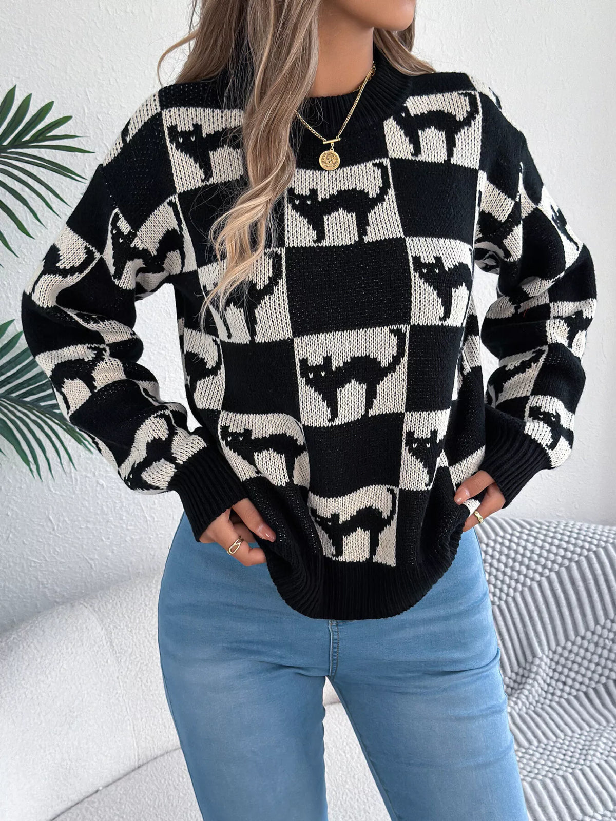 Checkerboard Halloween Graphic Sweater - Black - View 3