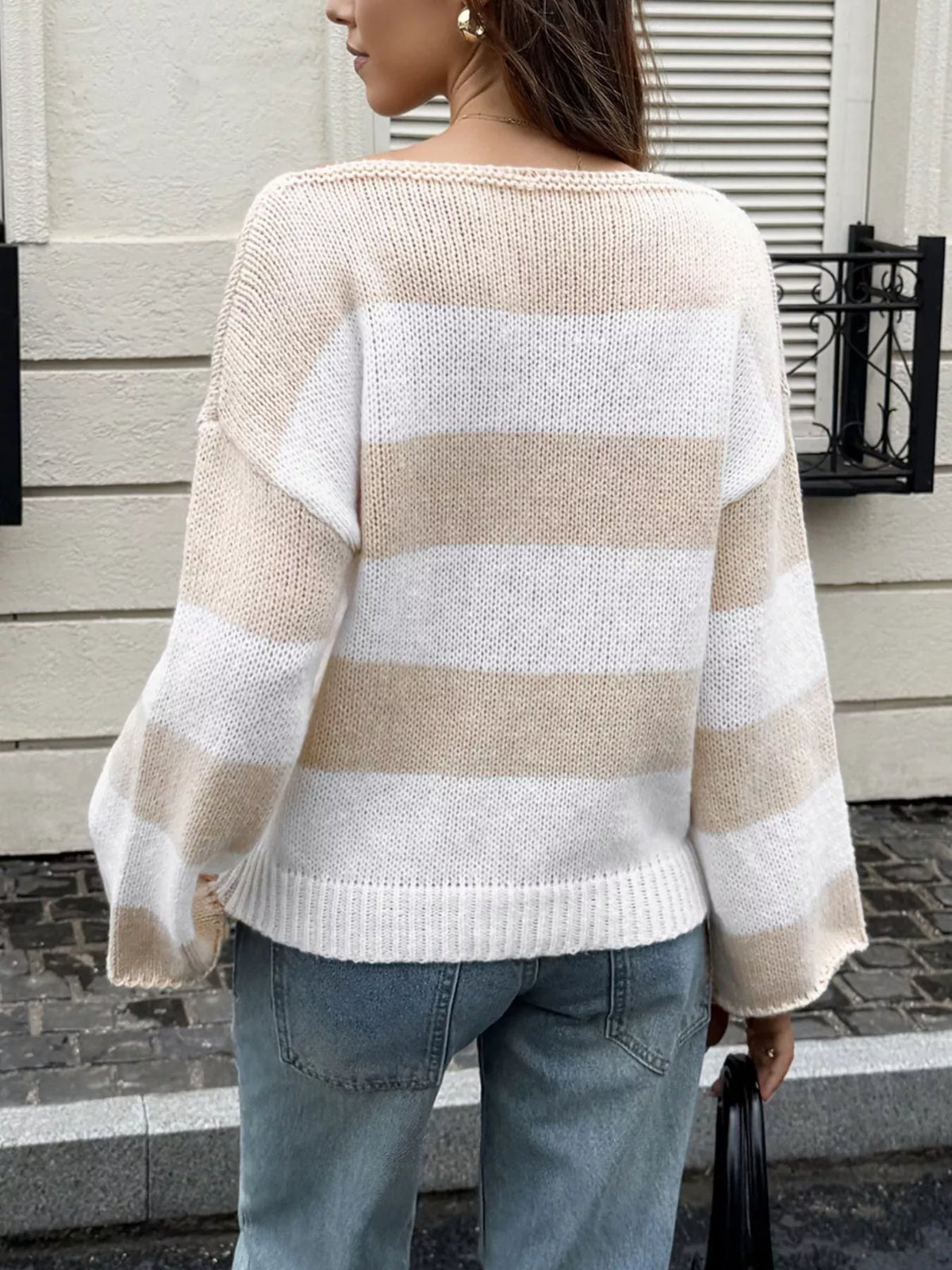 Striped Knit Boat Neck Sweater - Eggshell - View 5