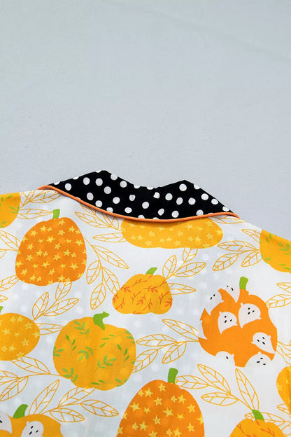 Short Sleeve Pumpkin Print Polka Dot Trim Pocket Placket Lounge Set - Sherbet - View 9