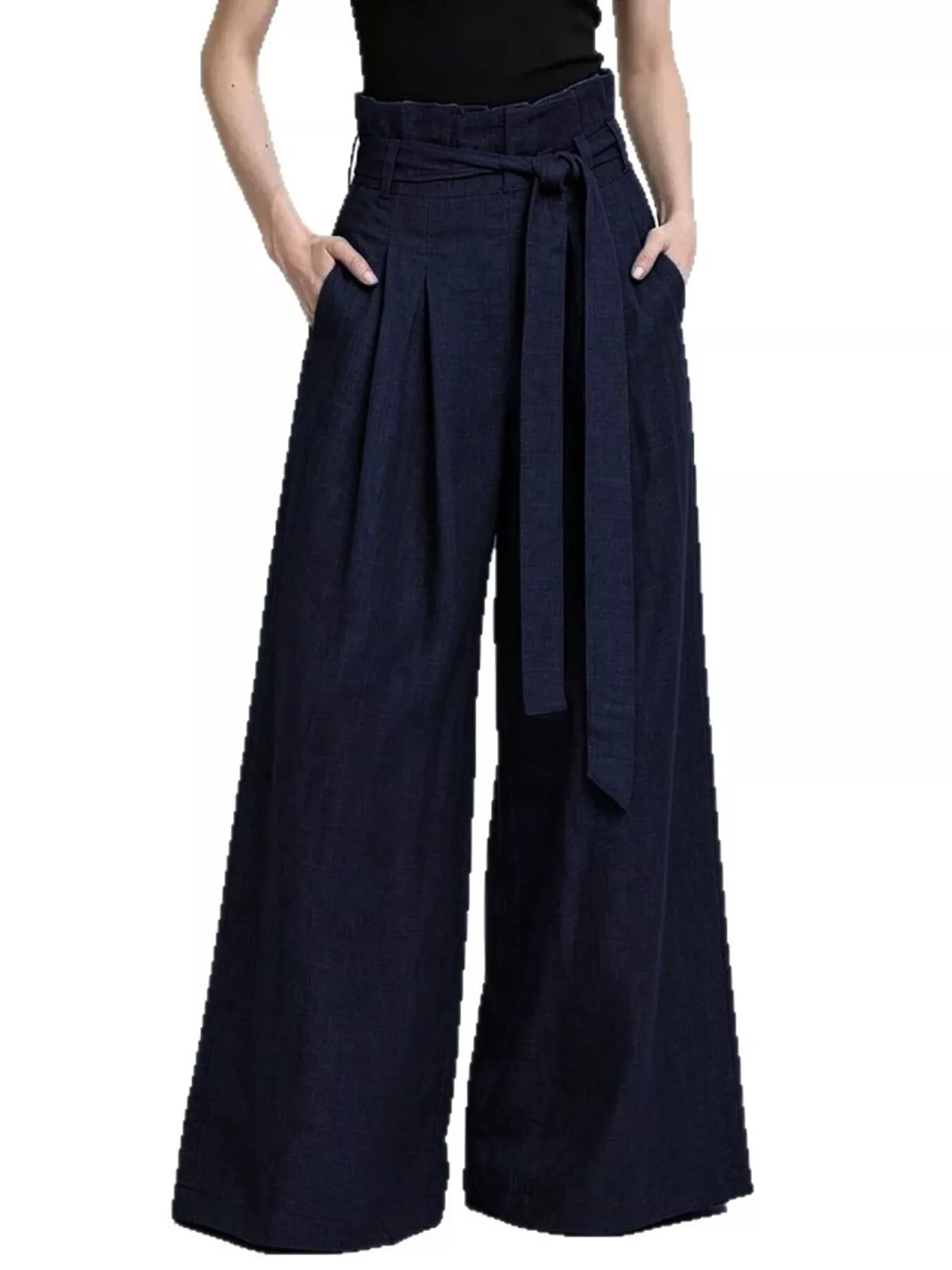 Full Size Wide-Leg Paperbag Waist Pants Plus Size - Navy - View 8