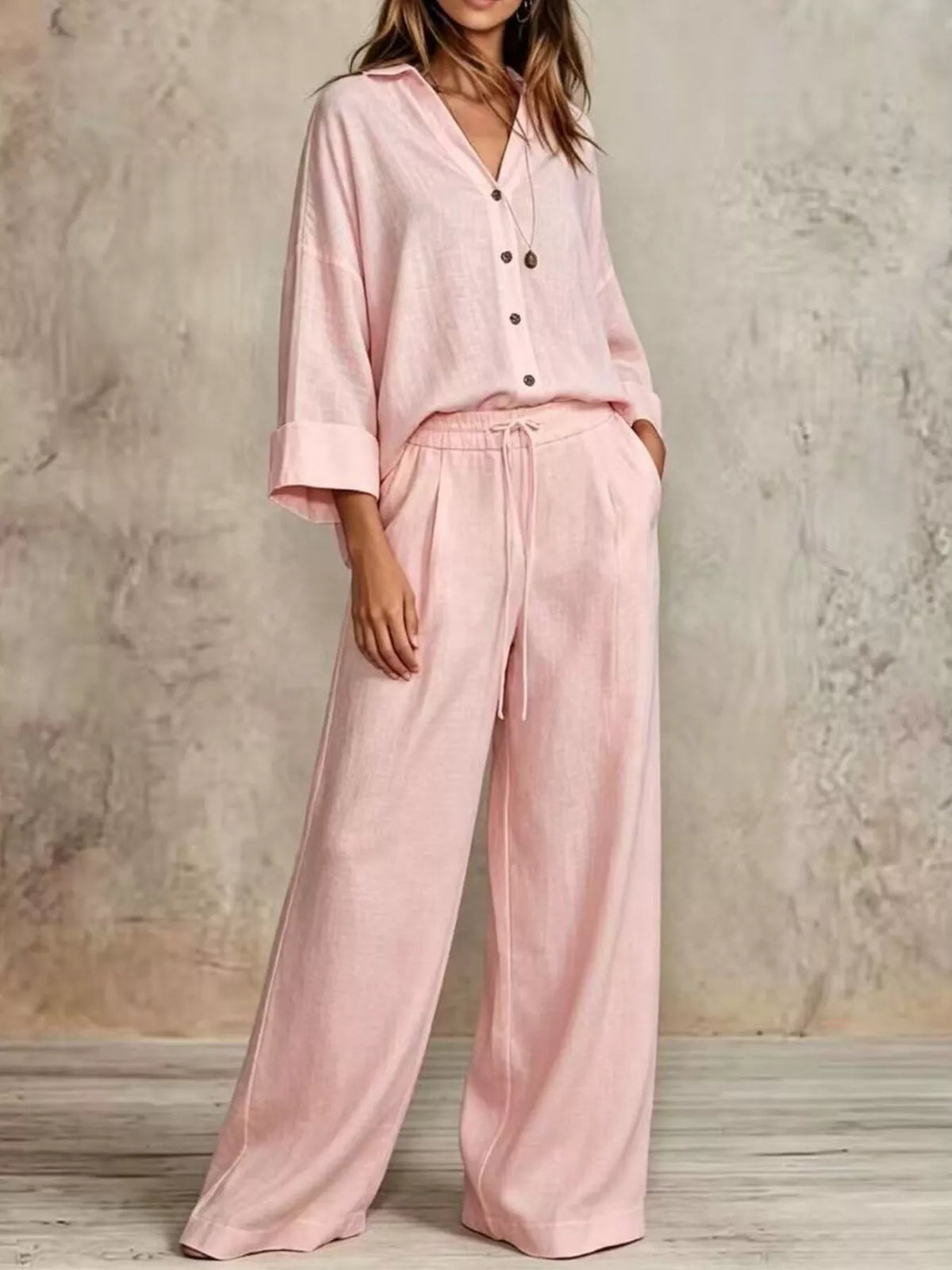 Full Size Button-Down Shirt and Wide-Leg Pants Set Plus Size - Pink - View 16