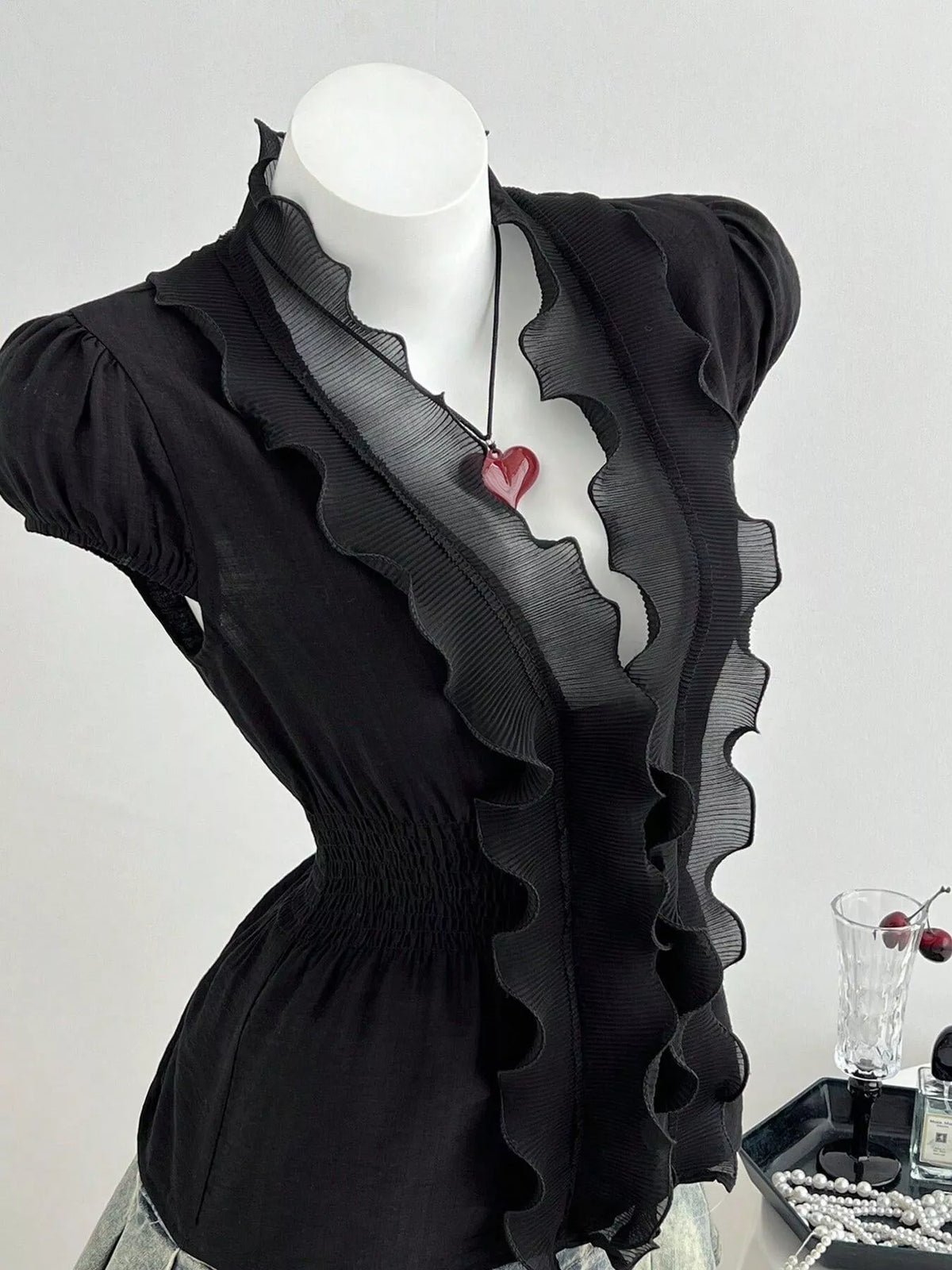 Ruffled V-Neck Blouse with Smocked Waist - Black - View 1